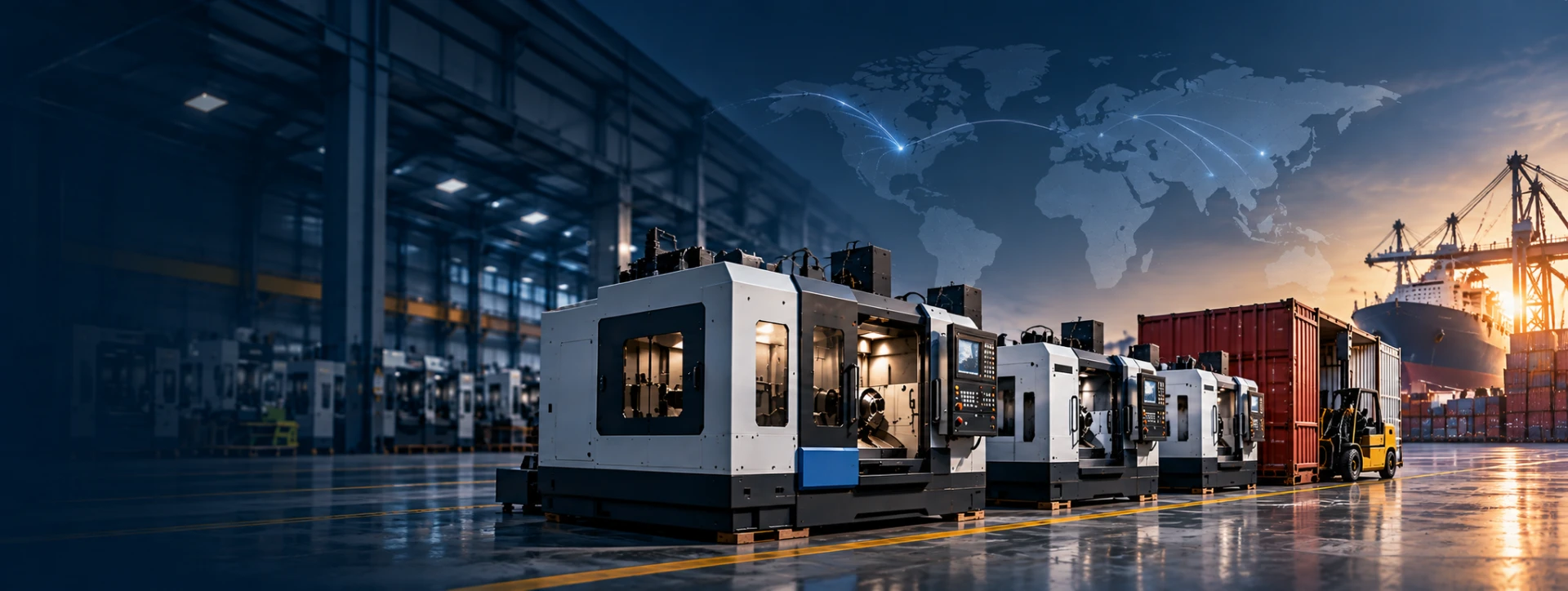 Used CNC vertical machining centers lined up in a warehouse for export, with shipping containers and a cargo port in the background